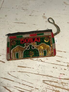 Embroidered Dubai Camel Wristlet Clutch - Green & Gold